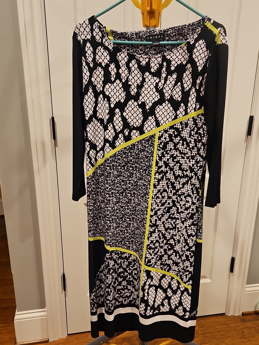 Tribal Black & White Patterned Dress with Lime Accents Size Large